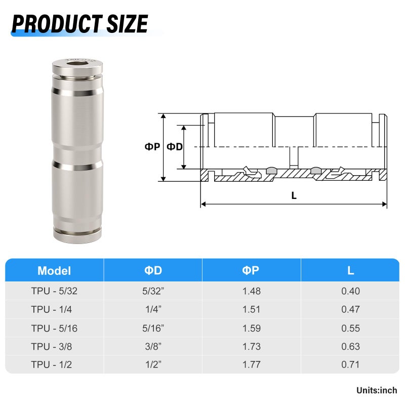 TAILONZ PNEUMATIC 5/32 Inch OD Copper Nickel Plating Straight Union Connect air Fittings Quick Connect Push Lock Fittings Pneumatic Fittings Tube connectors PU-5/32 (Pack of 10) - Image 2